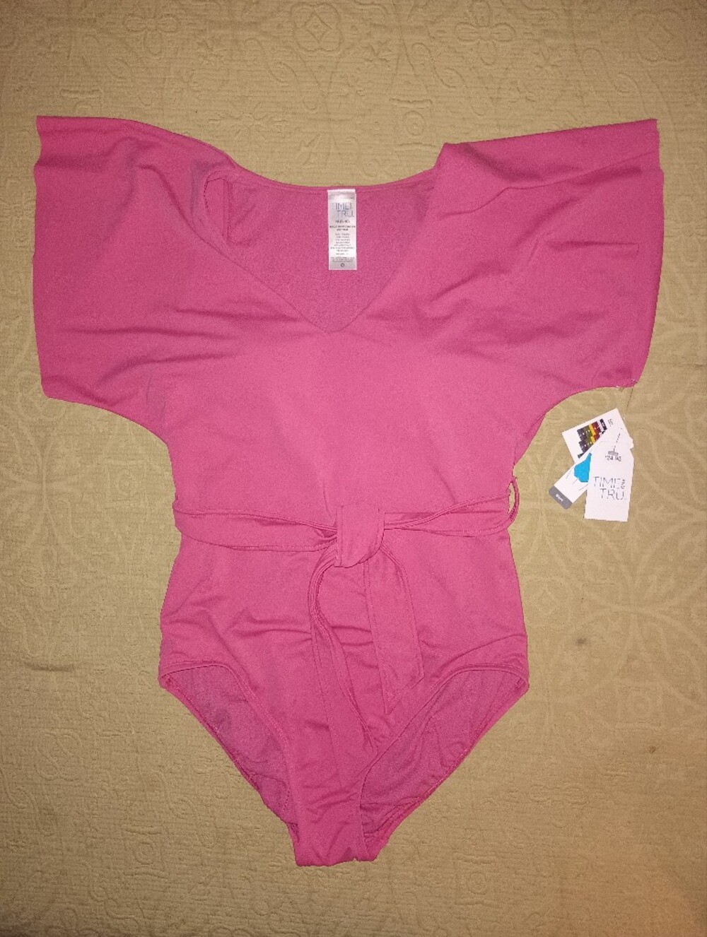 TIME AND TRU Pink One-Piece Swimsuit With Cape Shoulders With Belt
